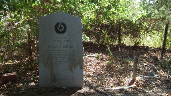 Historical marker near site of Holland Coffee's trading post, Lake Texoma. 